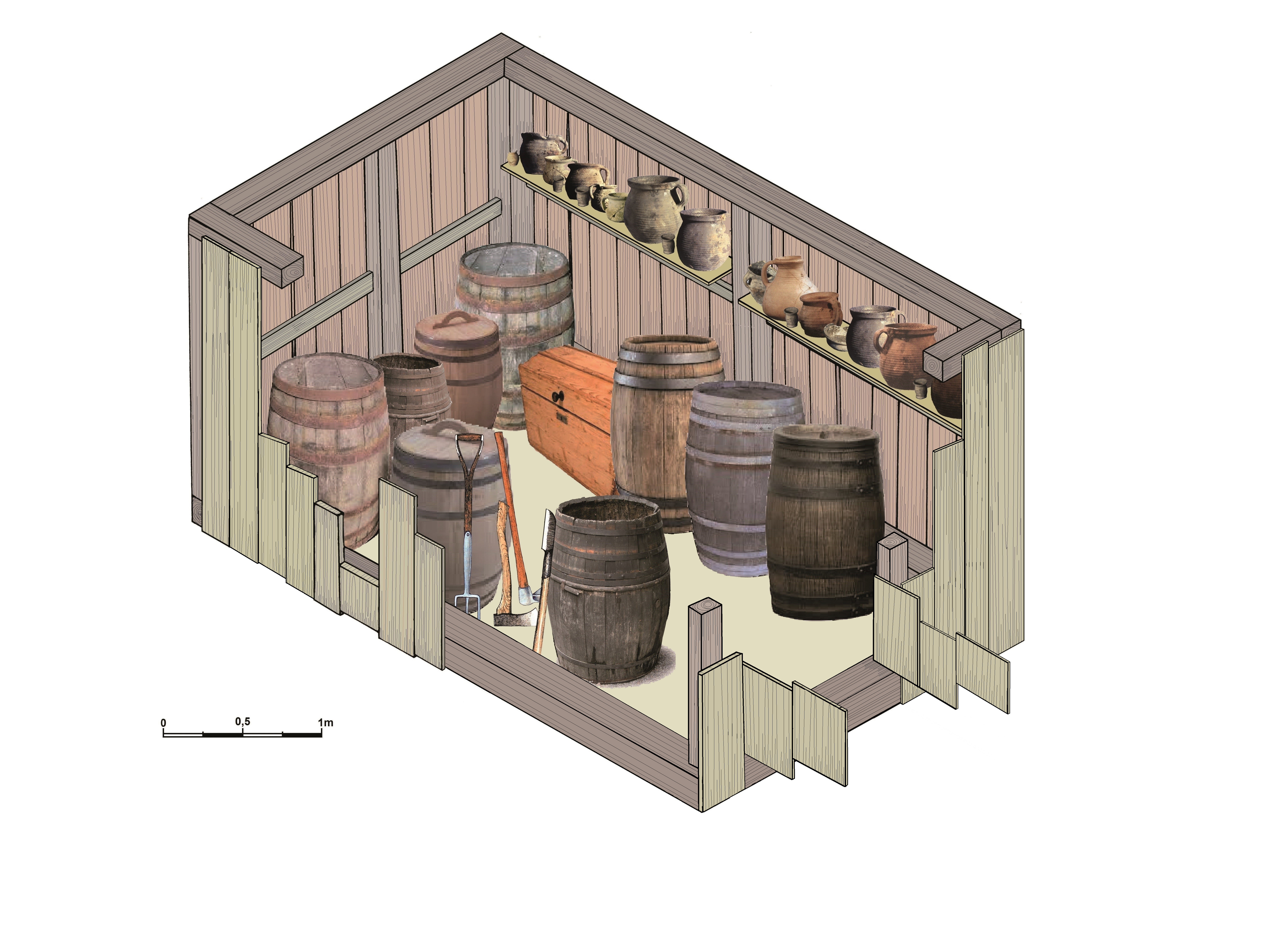 Cottbus Keller 130: Lebensbild des rekonstruierten Kellers mit neun Fässern, einer Truhe und den landwirtschaftlichen Geräten zwischen den Fässern h und i. Auf den Regalen stehen weitere Vorratsgefäße.
