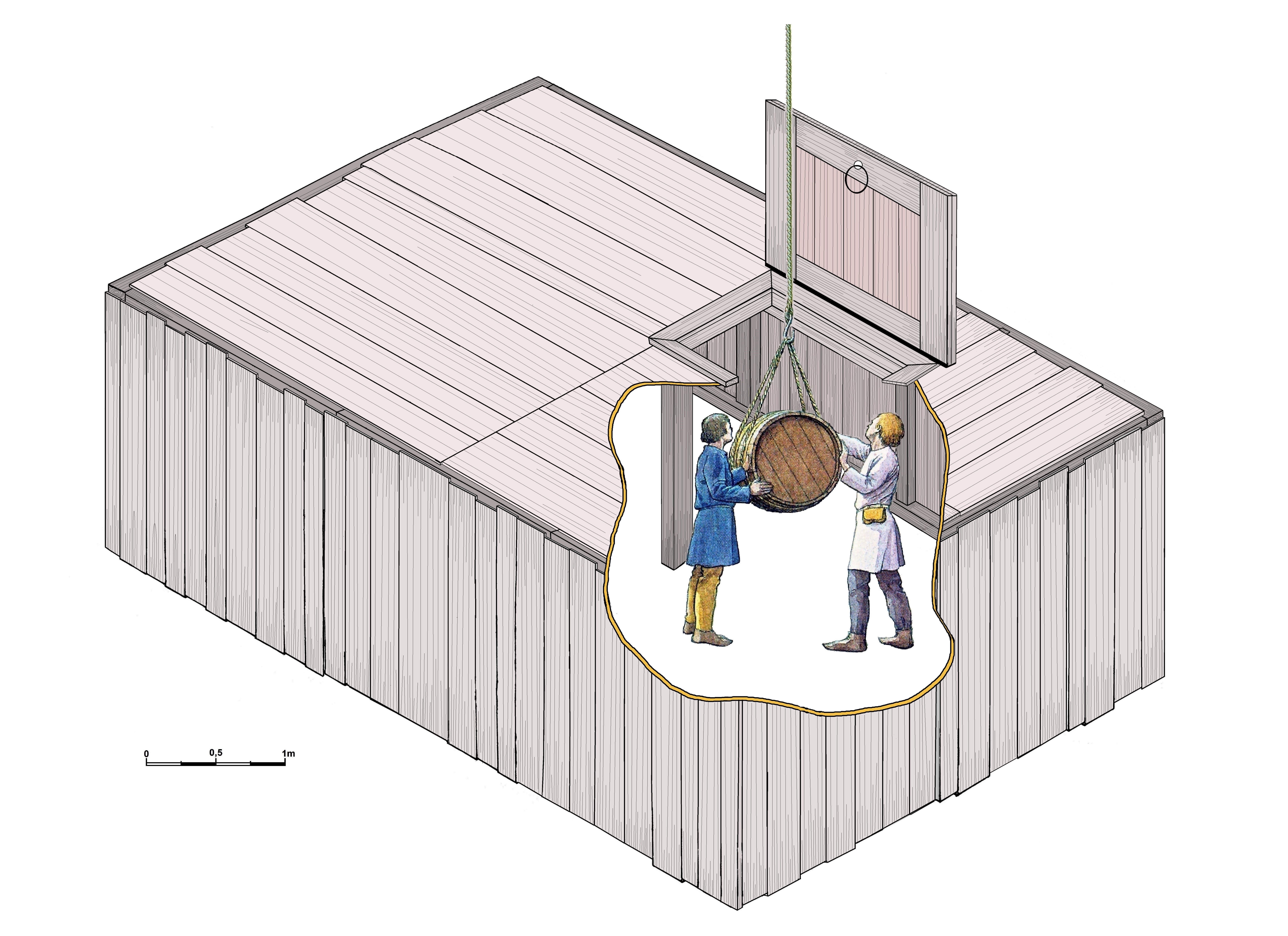 Cottbus Keller 131: Lebensbild des rekonstruierten Kellers mit ausschließlichem Zugang von der Deckenluke aus.